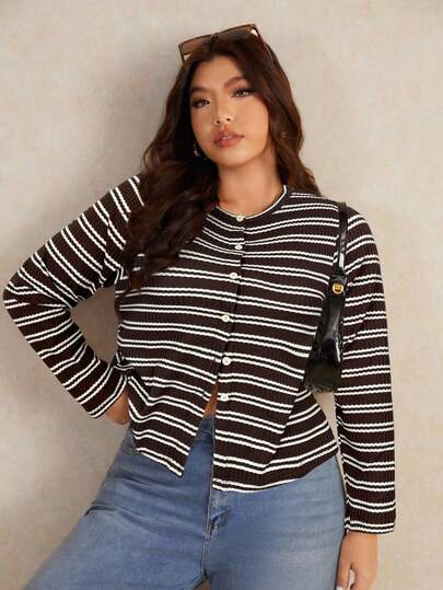 Elaquor Plus Size Women Casual Striped Button-Up Long Sleeve T-Shirt/ Striped Cardigan Button Up Cardigan Cropped Button Up Spring