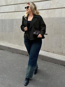 Auralis 大码女式秋冬时尚休闲宽松舒适日常基本百搭经典卡其色短款风衣夹克，秋季服装，简约风格，冬季外套 - 黑色 - 查看 7