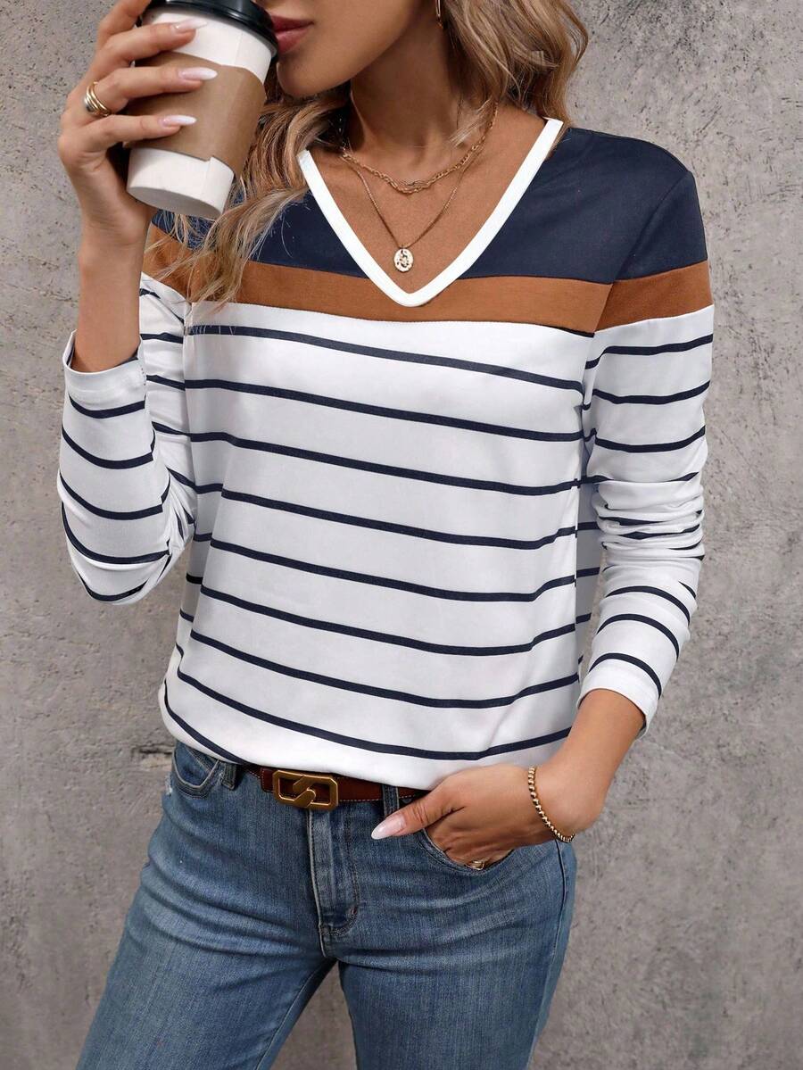 EMERY ROSE Camiseta casual de mujer con cuello en V, estampado de bloques de color y rayas, para otoño/invierno - Multicolor - Ver 1