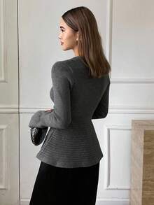 DAZY Women's Elegant Metallic Decor Round Neck Flare Sleeve Sweater, Autumn/Winter - Grey - View 2