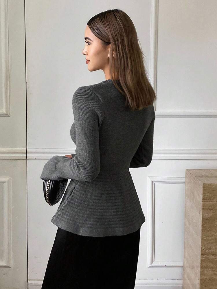 Women's Elegant Metallic Decor Round Neck Flare Sleeve Sweater, Autumn/Winter