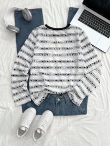 GlowEve 女式休闲全身印花宽松圆领长袖 T 恤，秋季 - 黑與白 - 查看 2