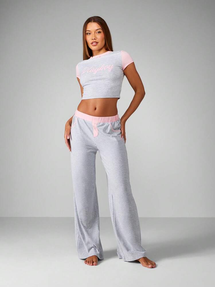 Missguided x Playboy Christmas Contrast Sleeve Crop Top With Wide Leg Pants