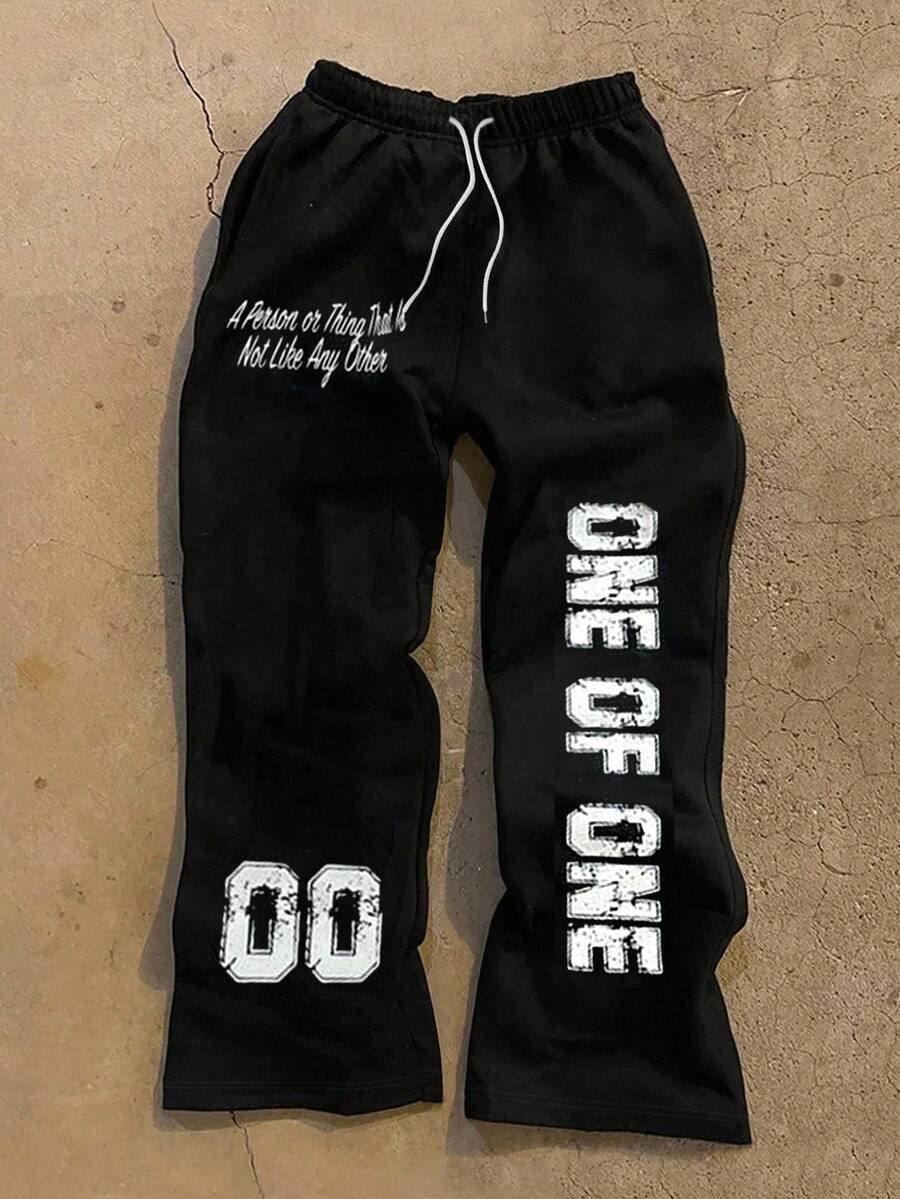 INAWLY 女式休闲运动字母印花抽绳腰运动裤 - 黑色 - 查看 1