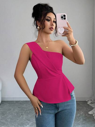 Elenzga Women's Elegant Elegant Simple Solid Color One-Shoulder Peplum Top, Summer