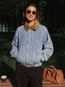 DAZY 复古水洗保暖牛仔夹克，休闲街头风翻领长袖女式牛仔外套，秋冬保暖款 - 藍色 - 查看 7