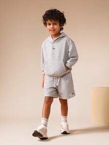 SUMWON Kids Two Piece Grey Fleece Set With Cozy Centre Pocket Hoodie And Matching Drawstring Shorts For Boys Autumn Winter Essential Wear - Light Grey - View 5