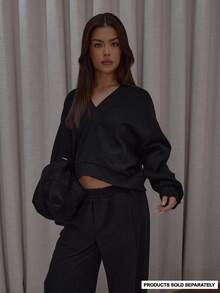 MUSERA V领前开襟宽松袖型方正卫衣，街头风、优雅休闲风、性感外出风，太妃糖色 - 黑色 - 查看 1