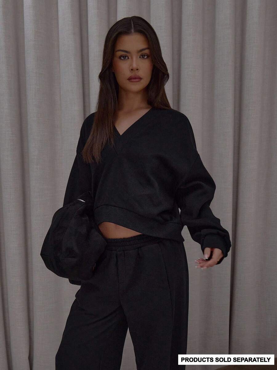 MUSERA V领前开襟宽松袖型方正卫衣，街头风、优雅休闲风、性感外出风，太妃糖色 - 黑色 - 查看 1