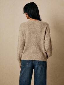 Poéselle 女士纯色拱形V领长袖单排扣针织开衫，秋冬季款，毛衣开衫，棕色开衫，女士针织开衫，秋季，女士秋装 - 卡其色 - 查看 5