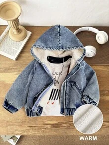 SHEIN 男婴时尚水洗休闲保暖蓝色牛仔连帽拉链宽松外套，新品，适合宝宝秋冬日常穿着、街头风、万圣节和圣诞节，保暖内衬外套，冬季外套 - 中等水洗藍 - 查看 1