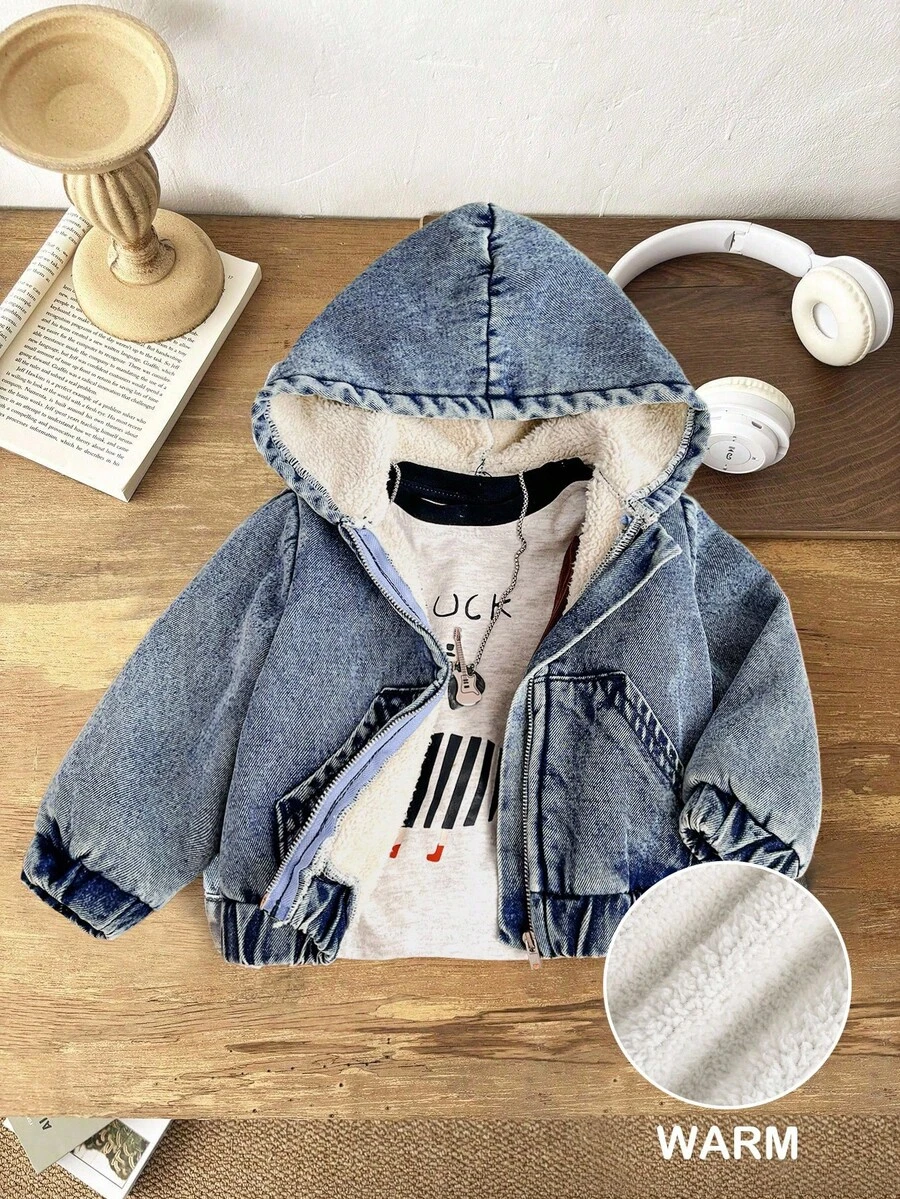 SHEIN 男婴时尚水洗休闲保暖蓝色牛仔连帽拉链宽松外套，新品，适合宝宝秋冬日常穿着、街头风、万圣节和圣诞节，保暖内衬外套，冬季外套 - 中等水洗藍 - 查看 1