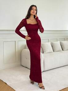 SHEIN Tall Váy ren ôm sát tay dài xẻ cao gợi cảm cho tiệc tùng, hẹn hò, buổi tối, mùa xuân và mùa hè - Màu Đỏ Sâu - Xem 4
