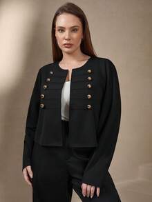 SHEIN Clasi Chaqueta para mujer talla grande, chaqueta negra elegante con decoración de botón de metal, chaqueta corta y versátil para otoño/invierno para mujeres - Negro - Ver 3