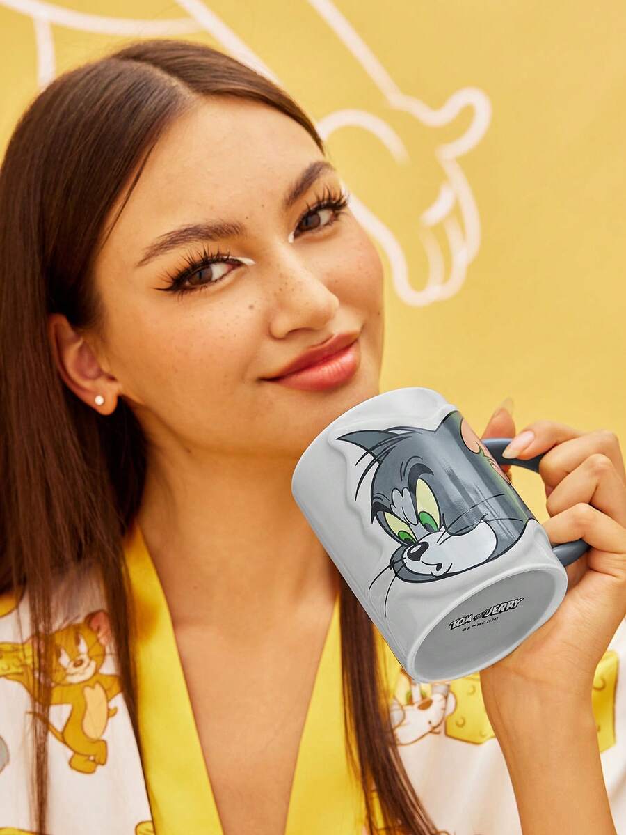 TOM & JERRY X SHEIN 380ml 卡通猫印花灰色陶瓷杯