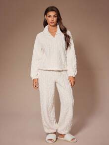Lazeform Women's Plush Jacquard Collar Zip-Up Long Sleeve & Ankle Cuff Pants Pajama Set, Winter, Cozy Outfit Fluffy Pjs Loungewear Cozy Sets Women Matching Lounge Set Homewear Women, Fall Clothes