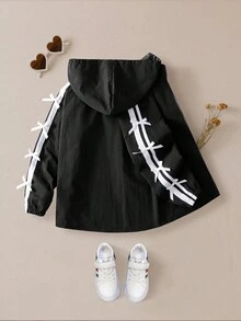 Chaqueta informal de manga larga con gráfico en inglés, ribete a rayas y decoración de lazo para niñas Genkimix - Negro - Ver 2