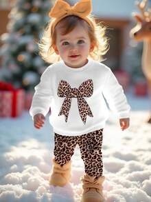 SHEIN Happikins Baby Girl Casual Vintage Leopard Print Bow Design, White, Soft Thick Crew Neck Long Sleeve Sweatshirt And Leggings Set, Suitable For Autumn/Winter Baby Girl Casual Pant Sets Cheetah Outfit Baby Baby Girl Clothes With Bow For Fall Baby Girl Leopard Outfit - Multicolor - View 2