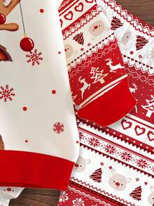 SHEIN 2 件套女婴圣诞可爱卡通驯鹿费尔岛图案红色节日休闲针织柔软厚圆领长袖运动衫和紧身裤套装，适合秋冬季 - 彩色 - 查看 4