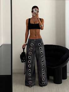 StreetHx 女士休闲街头 Y2K，Y2K 服装 Y2K 复古朋克哥特 2000 年代风格金属装饰做旧 PU 皮裤，秋冬