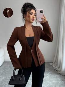 SHEIN Elenzya 女士优雅浪漫法式褶皱 V 领收腰喇叭下摆夹克，适合通勤、度假、下午茶、春秋季 - 棕色 - 查看 5