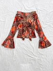 Soleia Women's Chiffon Leopard Print Shirt,All Shades Of Brown,Autumn,Boho,Tea Party,Holiday Ruffle Tie Top For Wedding,Beach,Music Festival,Vacation - Brown - View 3