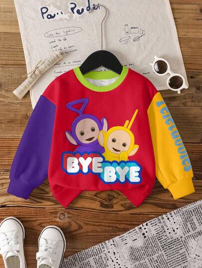 Teletubbies X SHEIN Young Boy Casual Colorblock Cute Cartoon Pattern Crew Neck Thermal Sweatshirt, Autumn