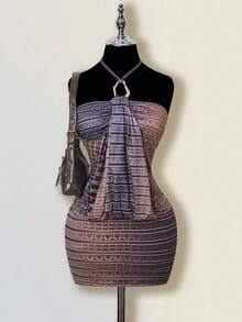 SHEIN ICON 女式度假休闲性感挂脖迷你连衣裙 - 彩色 - 查看 3