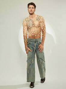 FeverCity Men's Sexy Sheer Round Neck Long Sleeve T-Shirt