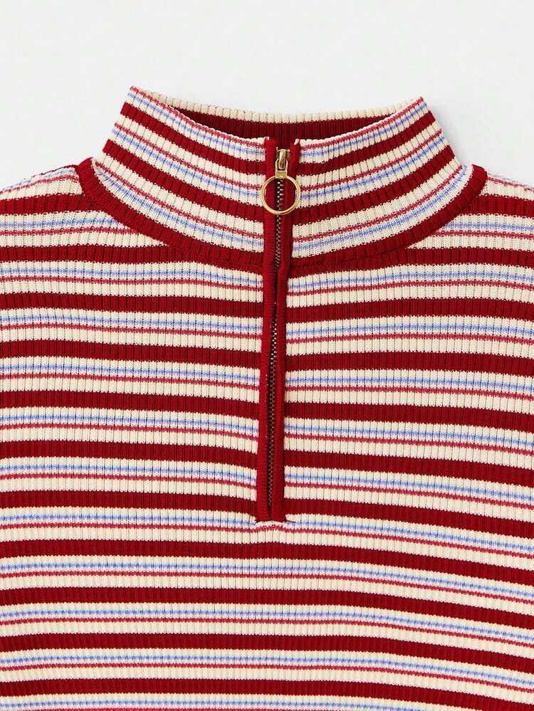 Cropped Striped Rib Knit Mock Neck With 1/2 Zip Spring Women Spring Spring Women Spring Summer Going Out Chic New Year