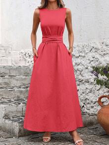 Solivie 女士纯色扭腰口袋无袖罩层连衣裙 - 紅色 - 查看 8