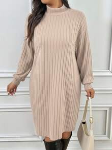 SHEIN Frenchy Plus Size Solid Color Minimalist Long Sleeve Casual Dress/Fall/Winter Ribbed Dress  Long Sleeve Dresses Sweater Dress - Apricot - View 5