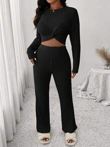 SHEIN Frenchy 2 Stücke Lässig Strick Set in Große Größen, beinhaltet Damen Aprikose T-Shirt + Damen Hose, geeignet für Lässig, Zuhause und Lässig Sport, Herbst/Winter - Schwarz - Übersicht 3