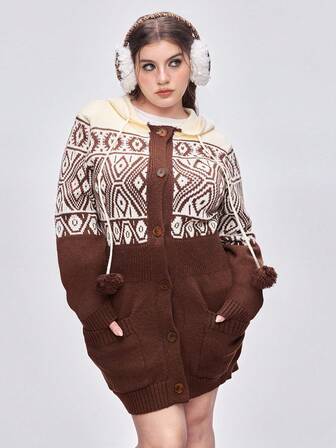 Kawaii Maglione Fair Isle taglie forti, cardigan con cappuccio lavorato a maglia con motivo geometrico natalizio casual per donna, cardigan lavorato a maglia per donna taglie forti autunno/inverno