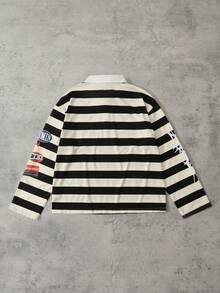 ROMWE MEN Men Letter Prep Striped Long Sleeve Casual Loose Polo Collar Sweatshirt, Fall - Black and White - View 2