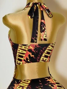 Mistrie 女式性感深 V 领字母火焰印花连体衣 - 黑色 - 查看 7