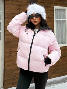 Muchica Casual Streetwear Pink And Black Hooded Padded Coat, Autumn/Winter, New Year Travel - Pink - View 5