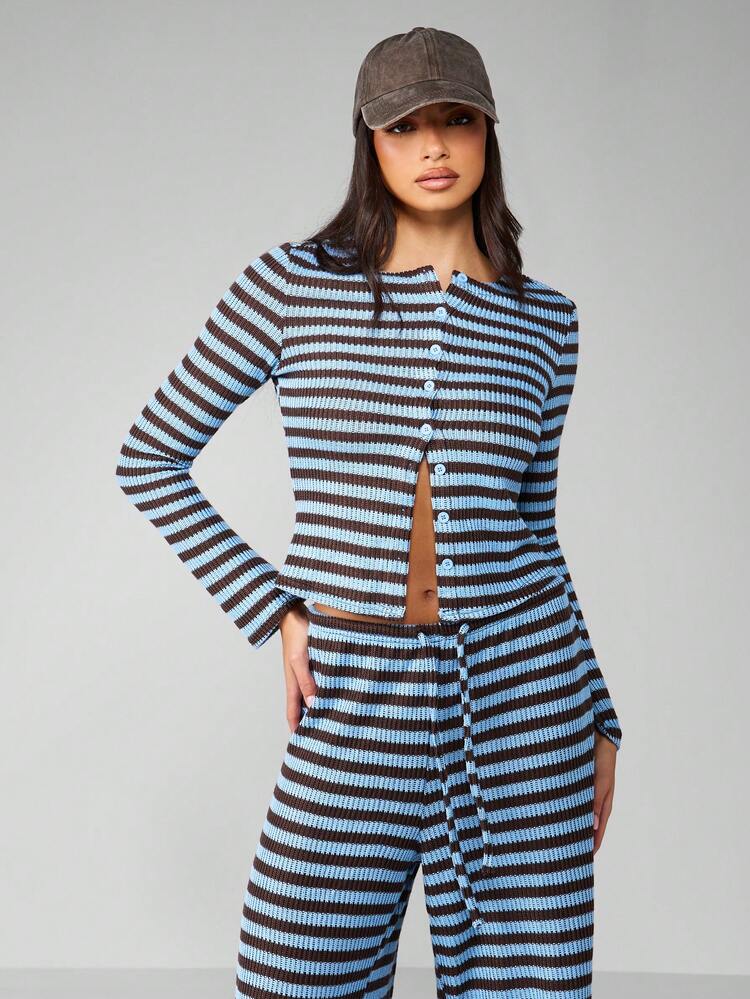 MISSGUIDED Ribbed Knit Long Sleeve Button Up Cardigan Wide Leg Pants Co-Ord Winter Fall Loungewear Two Piece Set Button Front