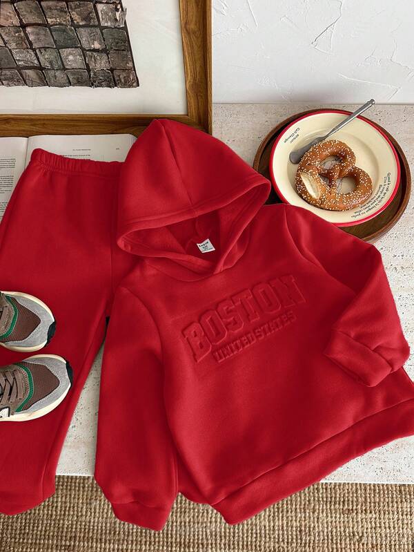 SHEIN 2 件套年轻男孩休闲韩版宽松字母图案连帽衫和松紧腰裤套装，适合秋季、春季、户外玩耍、学校、街头风格、派对和休闲