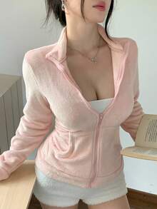 DAZY Women's Fitted Casual Fleece Jacket, Fashion Sporty Sweatshirt Outerwear, Autumn/Winter Women Coats - Pink - View 1