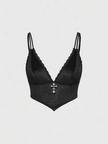 ROMWE Bộ áo ngực và quần lót không dây đính đá nhung Gothic dành cho nữ - màu đen - Xem 7