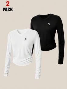 SHEIN 2件套青少年女孩休闲简约V领马匹图案长袖黑白上衣 - 黑與白 - 查看 7
