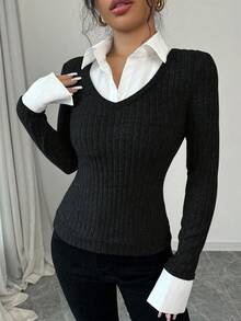 Selianne 学院风拼接 Polo 领二合一长袖 T 恤，女士修身套头衫，秋冬春季新品 - 黑色 - 查看 6