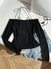 Elamini Women's 2 In 1 Rhinestone Skull Patchwork Camisole Long Sleeve. Gothic And Y2K Style. Autumn. Halloween Essentials. - Black - View 2