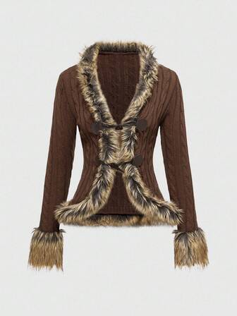 Hippie Women's Retro Vintage V-Neck Fur Collar Button-Up Cardigan Sweater