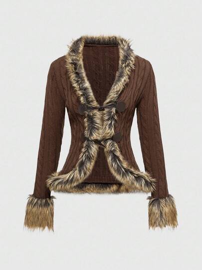 Hippie Women's Retro Vintage V-Neck Fur Collar Button-Up Cardigan Sweater
