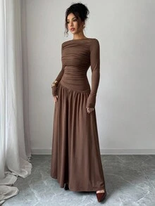 Elenzga Đầm Maxi dài tay dáng chữ A, lưng xếp ly, chất liệu lụa sữa, co giãn trễ vai dành cho nữ, phong cách lãng mạn kiểu Pháp thanh lịch, thích hợp mặc đi làm, thường ngày, dự tiệc, thu đông - màu nâu - Xem 8