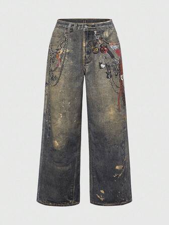 Grunge Punk Jeans vita bassa da donna stile Y2K, metallici, punk, vintage, con stampa a catena finta