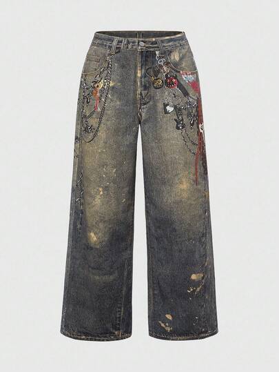 Grunge Punk Jeans taille basse pour femmes avec imprimé chaîne vintage punk métallique Y2K style Kpop