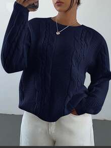 SHEIN TEENGIRL Navy Blue Crew Neck Loose Fit Cable Knit Sweater, Collegiate Style Casual Pullover Cropped Sweater Clothes Cropped Cardigan Teen Girl Tops Aesthetic Summer Clothes For Teens Sweater - Navy Blue - View 5